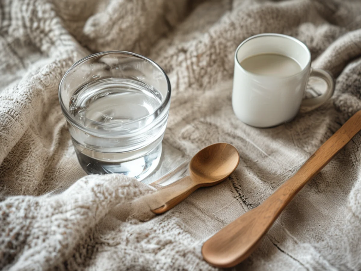 close detail of the main object, overhead view of a flat lay with a glass of water, a white ceramic mug, and a wooden spoon on a textured cloth
