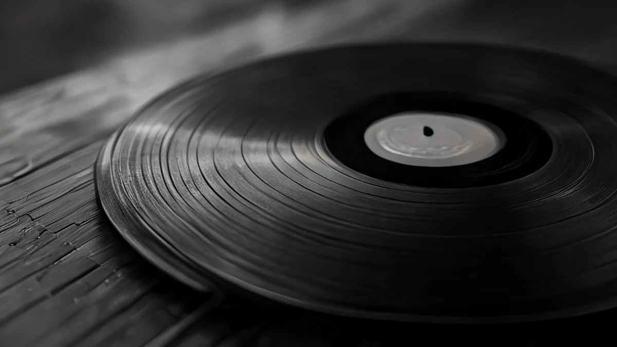 Black vinyl record with a glossy finish and detailed artwork.