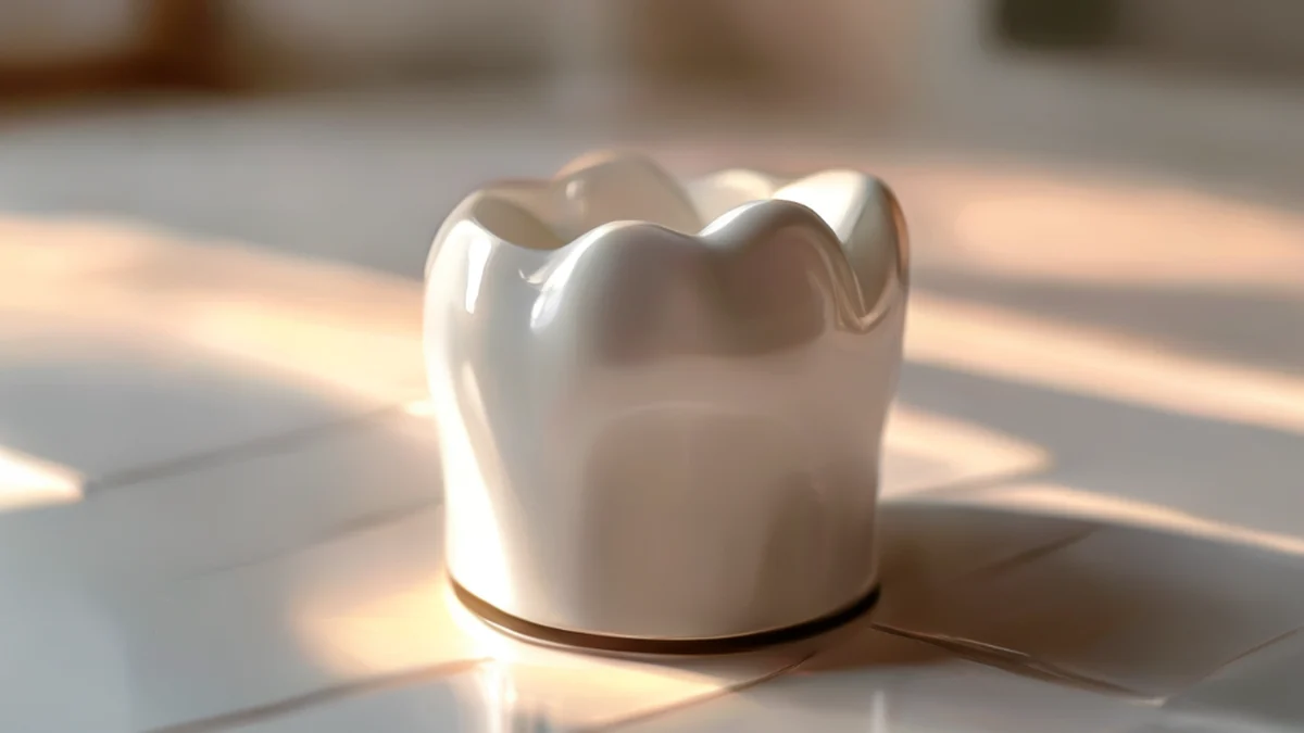 A dental crown covers a damaged tooth, restoring its shape and function.