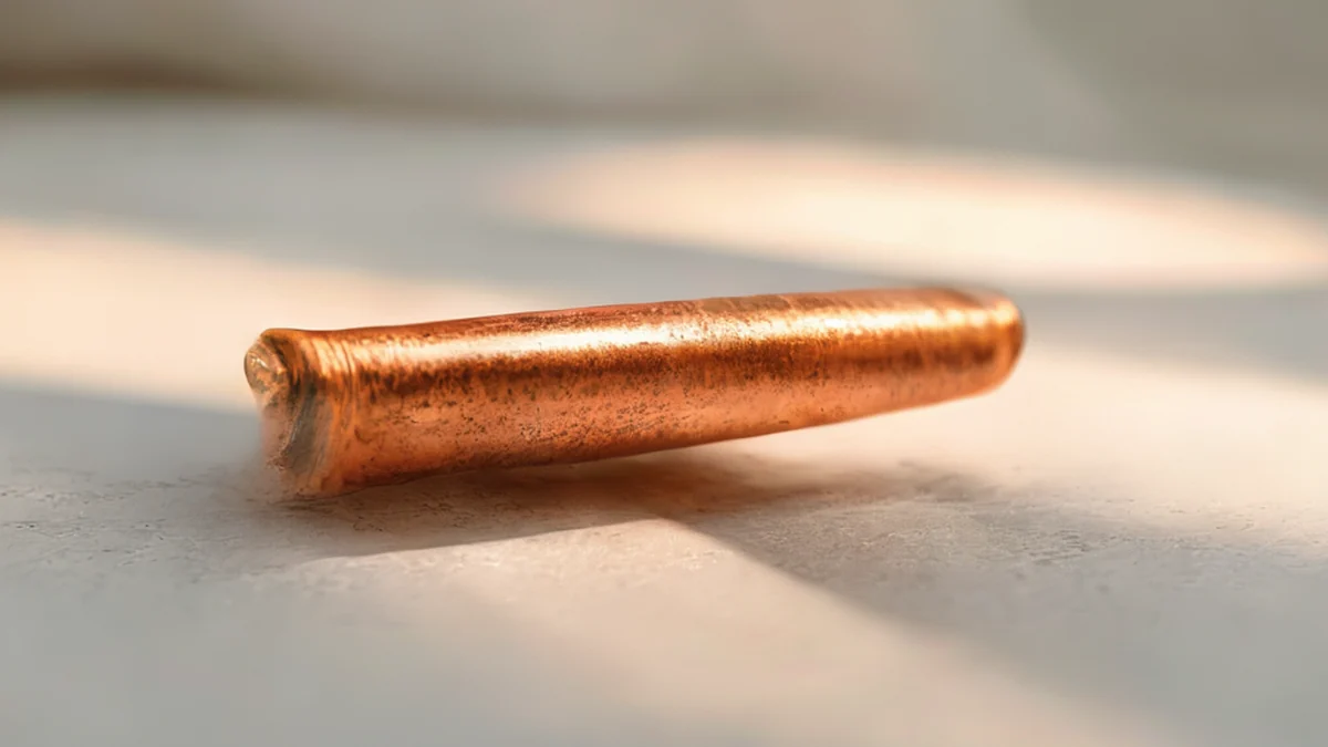 A copper spindle with intricate patterns and a smooth surface.