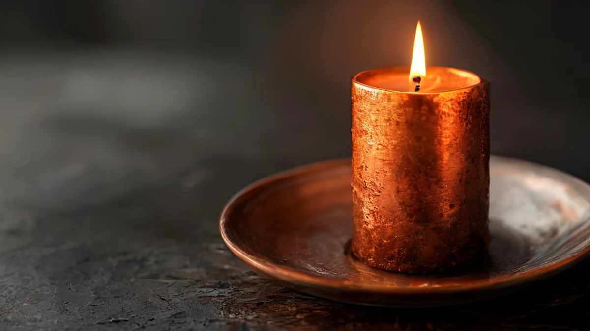 A copper candle with a smooth, dark surface and a wick at the top.