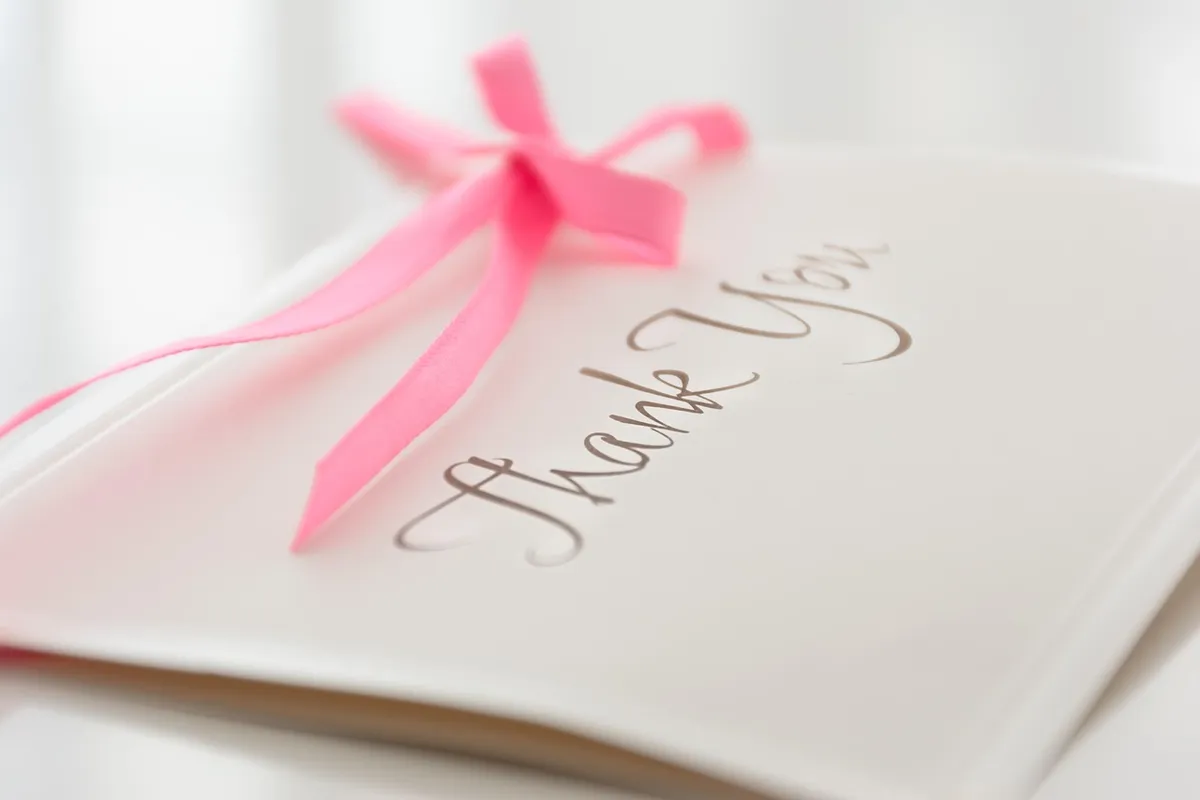 thank you, thank you card, greeting, love, romance, appreciation, postcard, letter, bow, ruffled, pink bow, white background, white and pink, in the knot, artsy