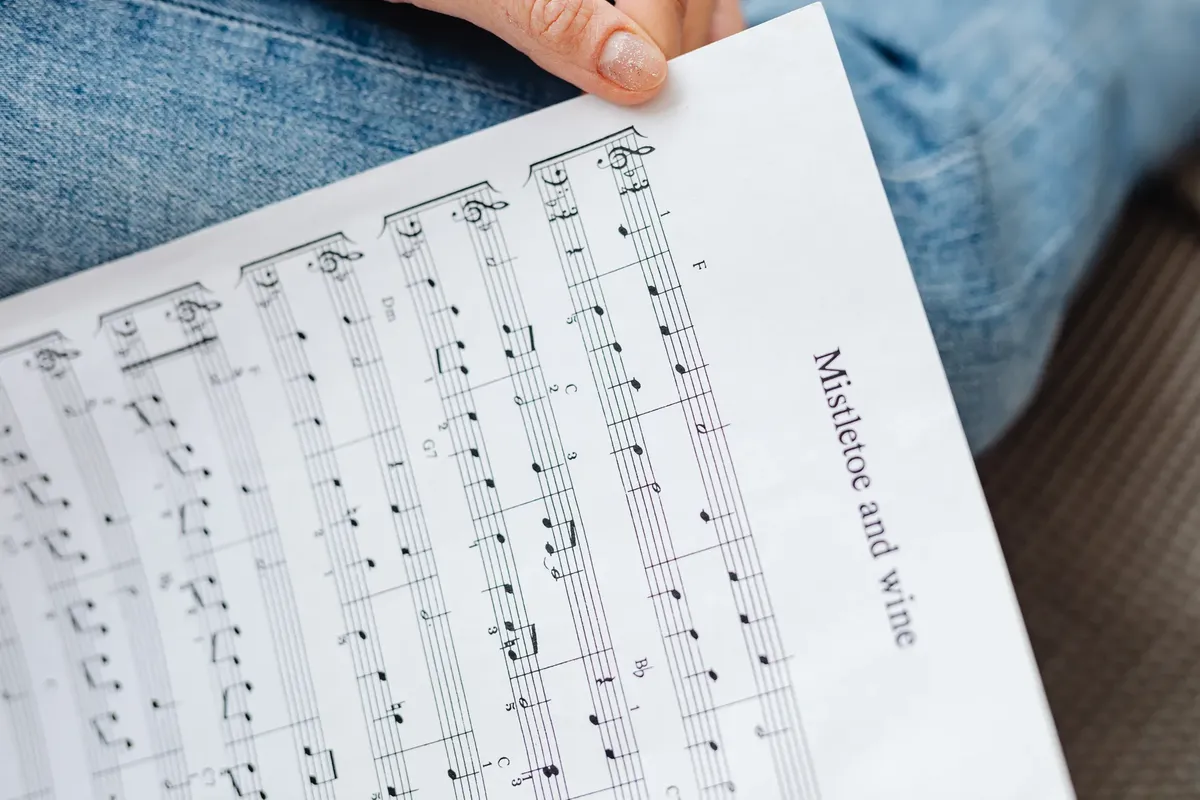 Detailed close-up of sheet music for 'Mistletoe and Wine', capturing musical notation.